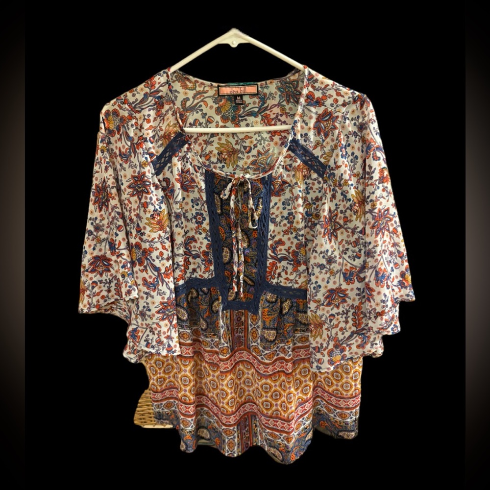 Olive Hill Peasant Style Colorful Floral Blouse, Flowy 3/4 Sleeves, Size Medium